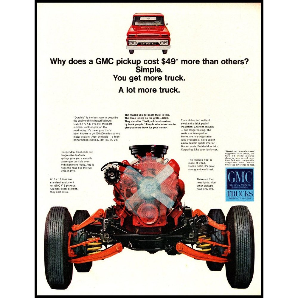 1966 GMC Pickup Truck Vintage Print Ad Bare Chassis Red Engine Wall Art Photo